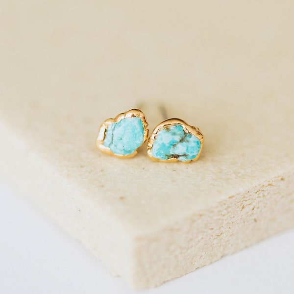 tiny turquoise studs, raw turquoise stone, minimalist jewelry, birthstone earrings, december birthday gift for her, raw crystal earrings