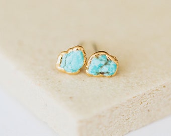 tiny turquoise studs, raw turquoise stone, minimalist jewelry, birthstone earrings, december birthday gift for her, raw crystal earrings