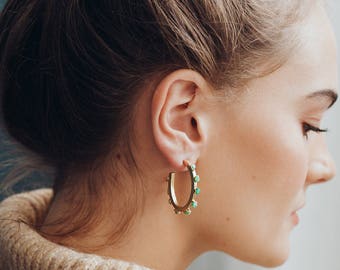 emerald hoops | emerald earrings | raw emerald hoop earrings | may birthstone hoops | emerald stone hoops | emerald crystal hoops