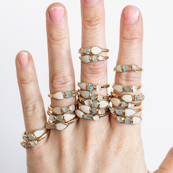opal stacking ring, raw aquamarine ring, rough quartz ring, raw crystal ring, opal jewelry, gold opal ring, raw gemstone ring
