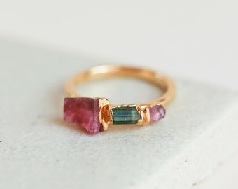 pink tourmaline ring | tourmaline crystal ring | green tourmaline ring | october birthstone ring | raw birthstone jewelry | gemstone ring