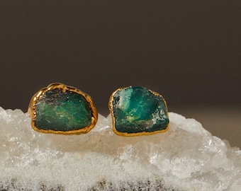 emerald earrings | raw emerald studs | may birthstone earrings | may birthstone studs | gold emerald stud earrings | raw crystal earrings