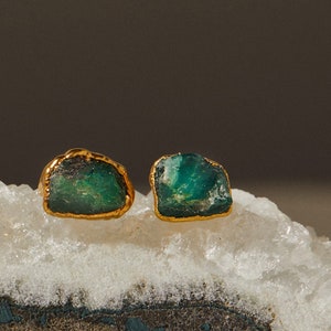 emerald earrings | raw emerald studs | may birthstone earrings | may birthstone studs | gold emerald stud earrings | raw crystal earrings