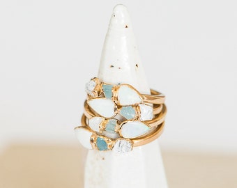 opal stacking ring / raw aquamarine ring / rough quartz ring / crystal ring / opal jewelry / gold opal ring / alternative wedding ring