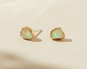 raw opal earrings, natural australian opal jewelry, opal gemstone studs, natural crystal earrings, october birthstone earrings, real opal