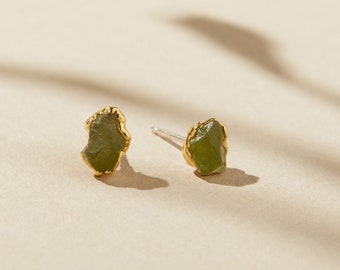 green peridot studs | raw peridot earrings | august birthstone studs | raw crystal earrings | natural peridot earrings | green stone studs