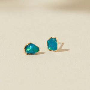 blue opal earrings, raw opal studs, natural australian opal jewelry, handmade jewelry, natural crystal earrings, october birthstone earrings