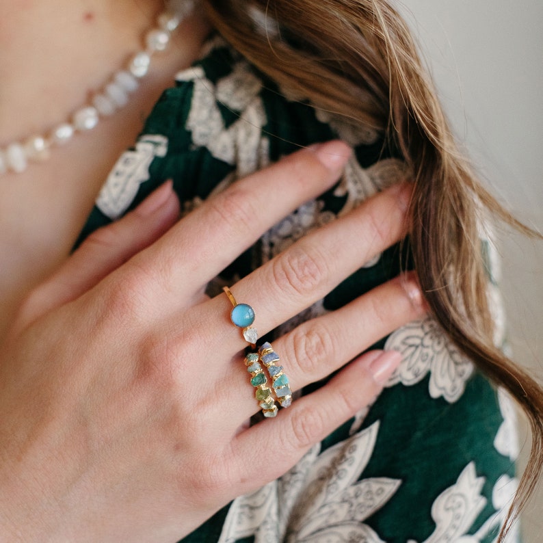 blue green tourmaline ring, ombre birthstone ring, raw blue topaz ring, sapphire gemstone ring, raw turquoise ring, december birthstone image 4