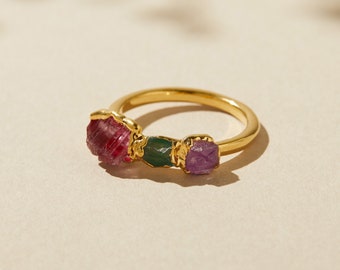 anillo de turmalina de sandía rosa cruda, anillo de piedra preciosa de turmalina verde, joyería de piedra de turmalina natural, anillo de piedra de nacimiento de octubre para ella