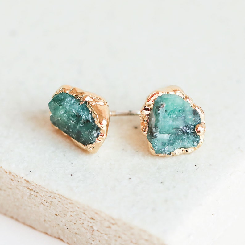 emerald earrings | raw emerald studs | may birthstone earrings | may birthstone studs | gold emerald stud earrings | raw crystal earrings 