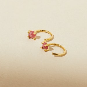 Ruby Hoop Earrings, July Birthstone Earrings, Crystal Ear Huggers, Open Hugging Hoop, Minimalist Hug Earrings, Delicate Huggie Hoops