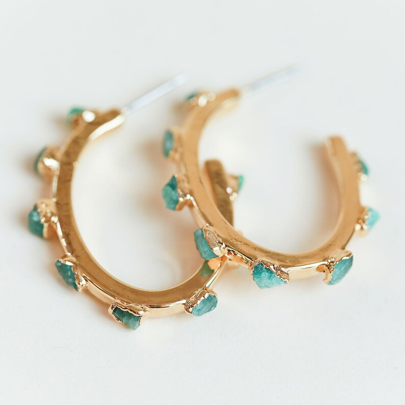 emerald earrings emerald hoops emerald crystal hoops emerald stone hoops may birthstone hoops raw emerald hoop earrings