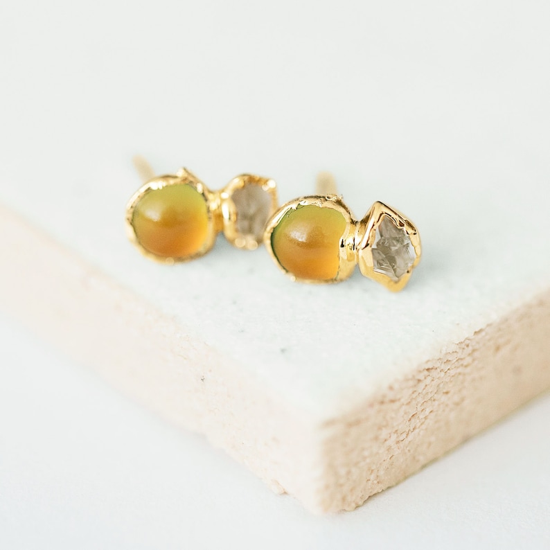 mood earrings, color changing stones, gold plate stud earrings, Herkimer diamond crystal stud, mood stone jewelry, mood stone earrings image 3