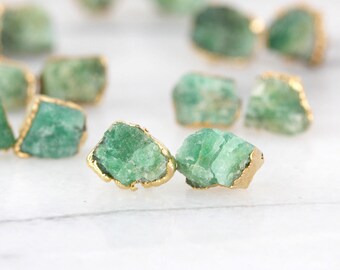 emerald earrings | raw emerald studs | may birthstone earrings | may birthstone studs | gold emerald stud earrings | raw crystal earrings