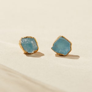raw aquamarine stud earrings, march birthstone aquamarine jewelry, something blue for bride gift, blue gemstone jewelry, pisces jewelry gift image 1