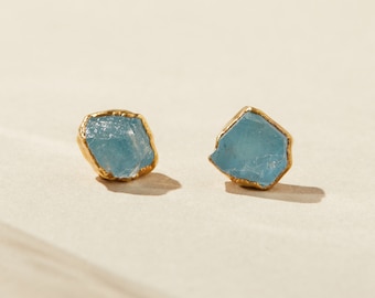 aquamarine earrings | march birthstone studs | aquamarine jewelry | aquamarine gold | raw crystal earrings | raw aquamarine studs