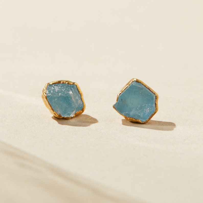 raw aquamarine stud earrings, march birthstone aquamarine jewelry, something blue for bride gift, blue gemstone jewelry, pisces jewelry gift image 1