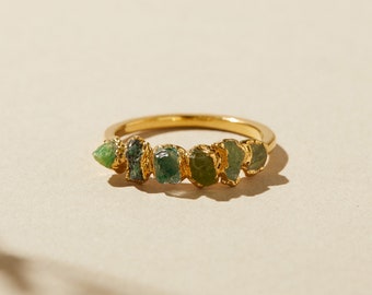 raw emerald ring, ombre birthstone ring, handmade green tourmaline jewelry, october birthstone ring, may birthstone ring, mothers ring