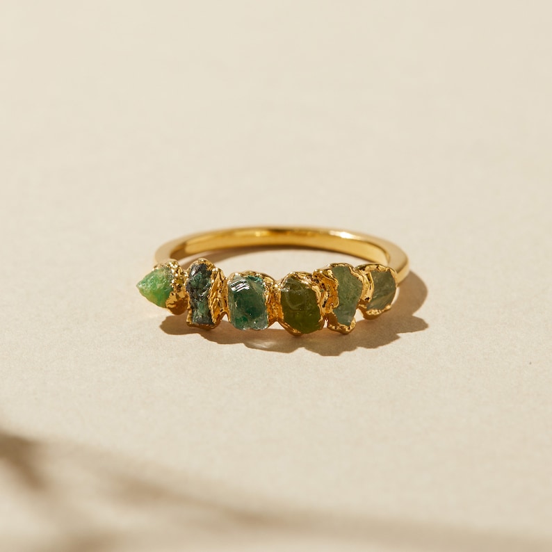 ombre ring, green stacking ring, unique gemstone ring, raw peridot jewelry, multi-stone gold band, raw emerald ring, green tourmaline ring image 7