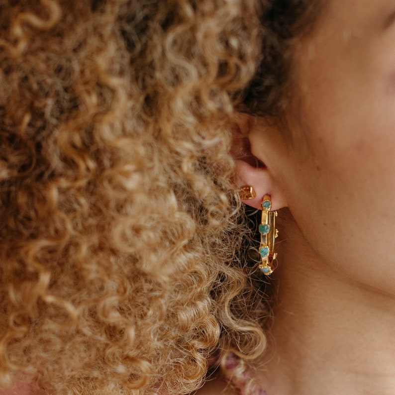 natural raw emerald hoop earrings, gold may birthstone earrings, crystal boho earrings, chunky gold hoops, handmade statement earrings image 2