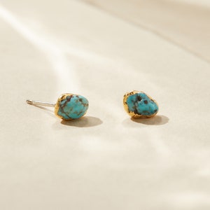 raw turquoise stud earrings, natural turquoise earrings gold, december birthstone earrings, blue gemstone earrings, birthstone gift for her image 1