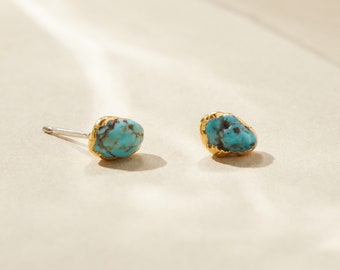 raw turquoise stud earrings, natural turquoise earrings gold, december birthstone earrings, blue gemstone earrings, birthstone gift for her