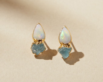 raw opal studs | rough opal earrings | raw aquamarine studs | october birthstone studs | march birthstone studs | opal stud earrings