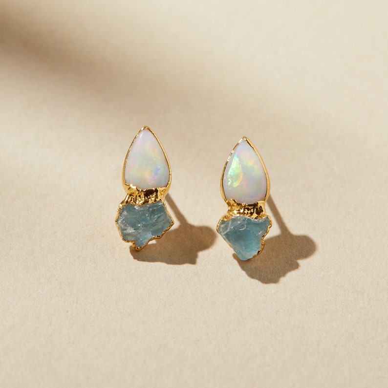 raw opal earrings, natural australian opal jewelry, opal gemstone studs, natural aquamarine crystal earrings, october birthstone earrings image 1