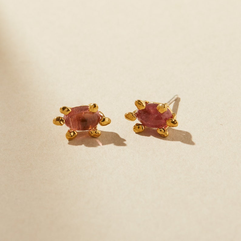Pink Tourmaline Earrings, Pink Crystal Earrings, Gold Flower Earrings, October Birthstone Jewelry Gift, Handmade Nature Jewelry for Her image 1