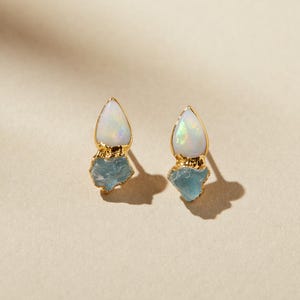 raw opal studs | rough opal earrings | raw aquamarine studs | october birthstone studs | march birthstone studs | opal stud earrings