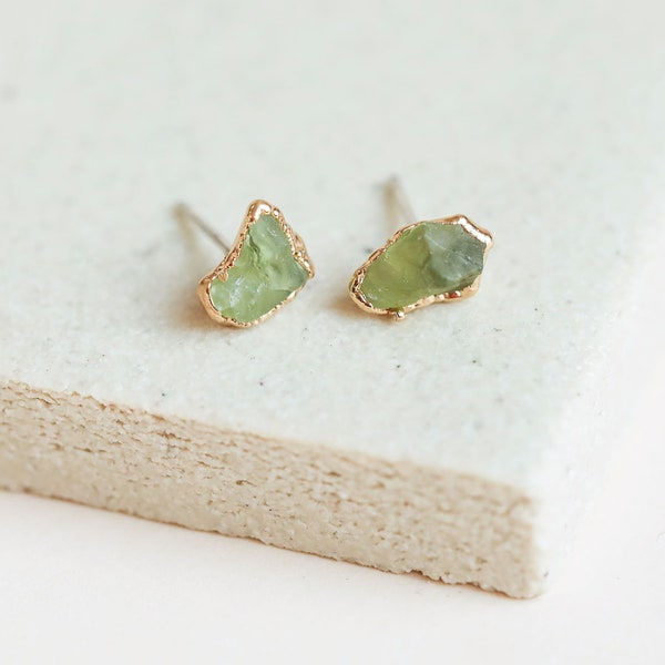 august birthstone studs | raw crystal earrings | green peridot studs | raw peridot earrings | natural peridot earrings | green stone studs