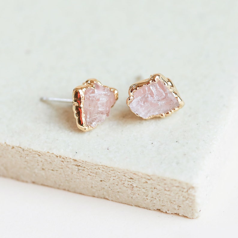 Raw studs blush stone earrings pink gemstone Etsy