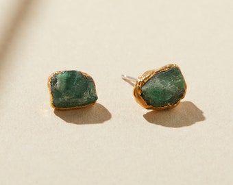 emerald earrings | raw emerald studs | may birthstone earrings | may birthstone studs | gold emerald stud earrings | raw crystal earrings