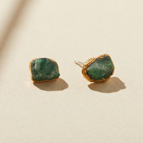 emerald earrings | raw emerald studs | may birthstone earrings | may birthstone studs | gold emerald stud earrings | raw crystal earrings