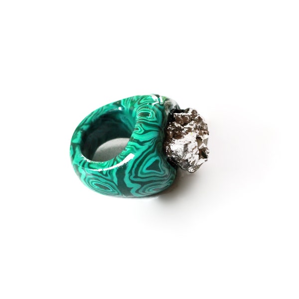 malachite ring / pyrite ring / raw pyrite ring / mineral ring / raw stone ring / boho ring / raw mineral / pattern ring / raw crystal ring