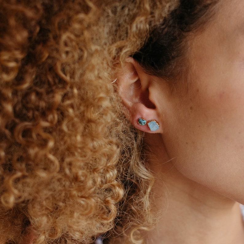 raw turquoise stud earrings, natural turquoise earrings gold, december birthstone earrings, blue gemstone earrings, birthstone gift for her image 2