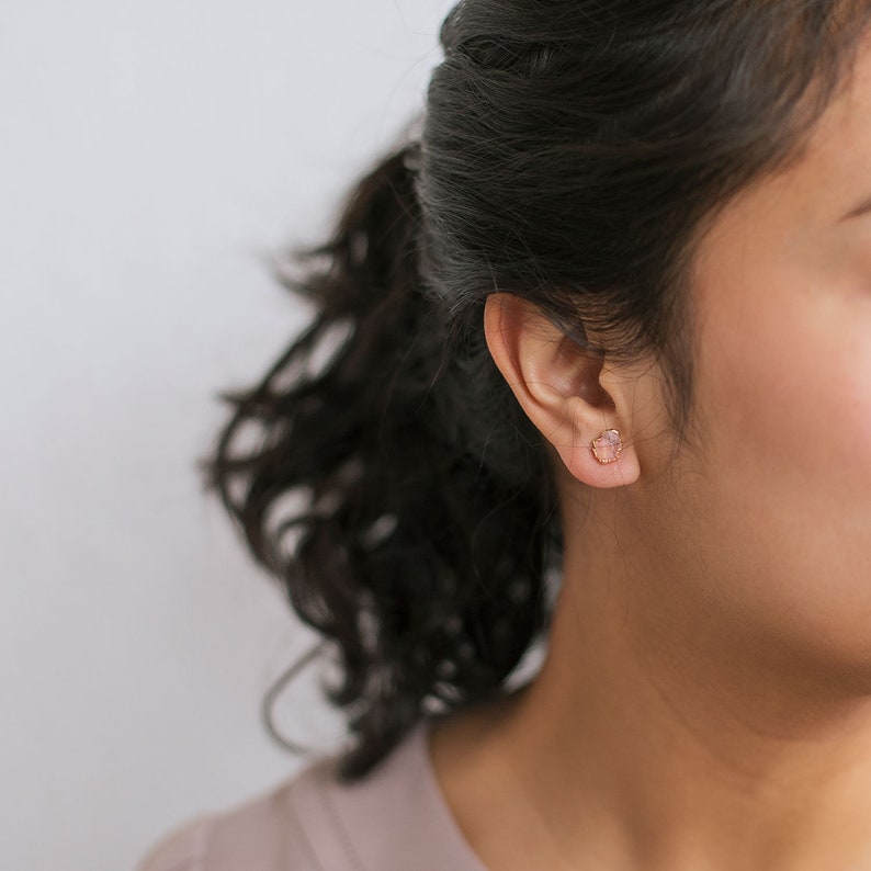 Raw studs blush stone earrings pink gemstone Etsy