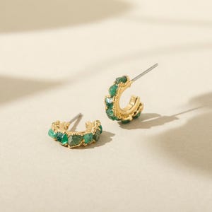 Emerald Huggies, Raw Emerald Hoop Earrings, Genuine Emerald Baguette Earrings, May Birthstone Earrings, Raw Crystal Hoops, Emerald Huggers