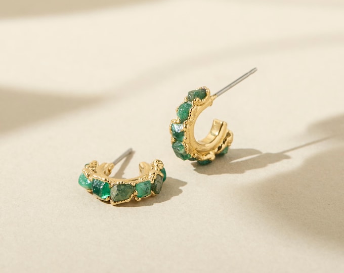 Emerald Huggies, Raw Emerald Hoop Earrings, Genuine Emerald Baguette Earrings, May Birthstone Earrings, Raw Crystal Hoops, Emerald Huggers
