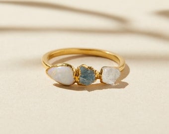 raw opal ring, october birthstone ring for women, opal unique engagement ring, aquamarine promise ring, gold raw diamond ring, bohemian ring