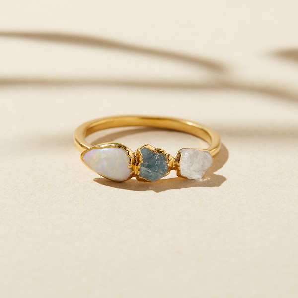 raw opal ring, october birthstone ring for women, opal unique engagement ring, aquamarine promise ring, gold raw diamond ring, bohemian ring
