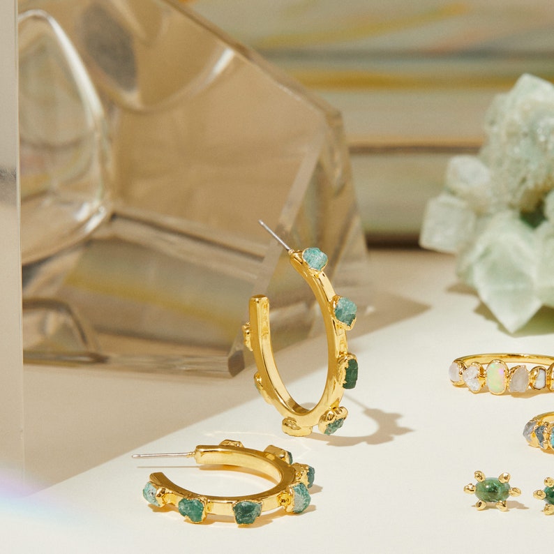 natural raw emerald hoop earrings, gold may birthstone earrings, crystal boho earrings, chunky gold hoops, handmade statement earrings image 6