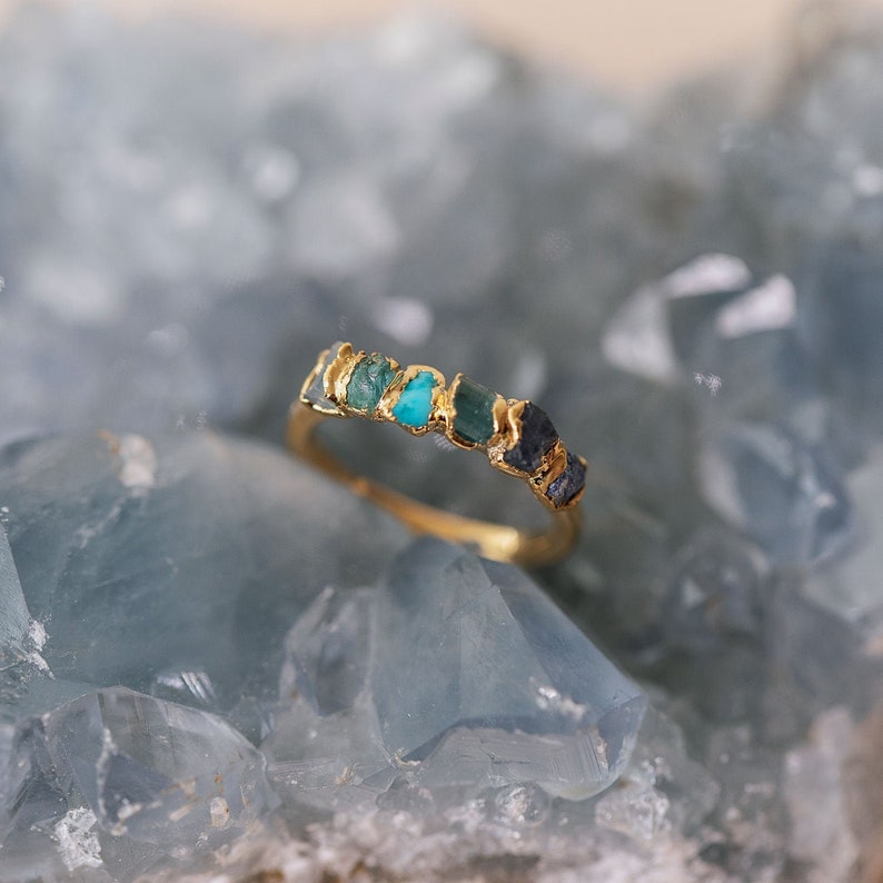 blue green tourmaline ring, ombre birthstone ring, raw blue topaz ring, sapphire gemstone ring, raw turquoise ring, december birthstone image 2
