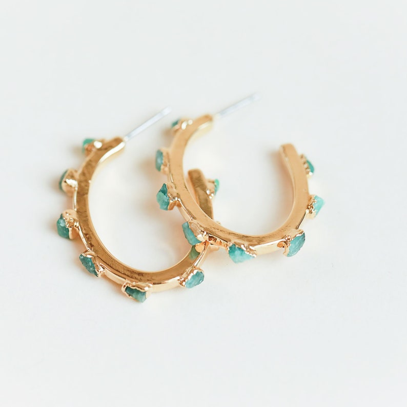 emerald hoops | emerald earrings | raw emerald hoop earrings | may birthstone hoops | emerald stone hoops | emerald crystal hoops 