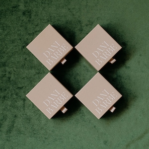 May include: Four square boxes with the text "Dani Barbe" printed in white on a beige background. The boxes are arranged in a square pattern on a green surface.
