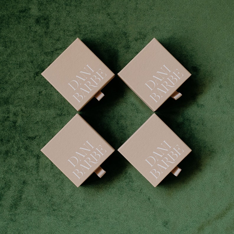 May include: Four square boxes with the text "Dani Barbe" printed in white on a beige background. The boxes are arranged in a square pattern on a green surface.