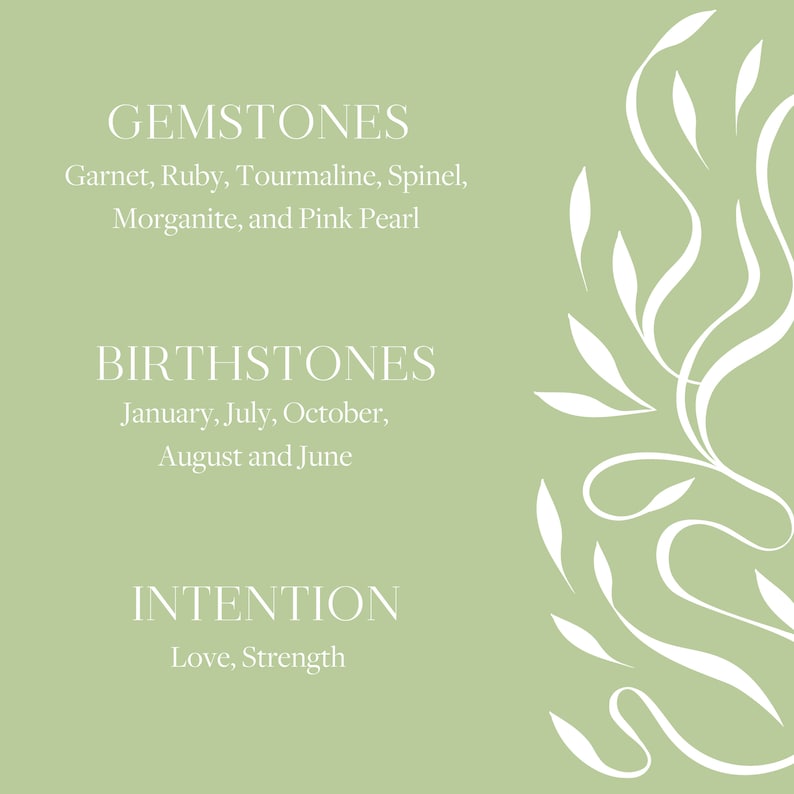 Pu&ograve; includere: Una scheda informativa verde salvia con testo bianco che elenca GEMSTONES: Garnet, Ruby, Tourmaline, Spinel, Morganite, and Pink Pearl; BIRTHSTONES: January, July, October, August, and June; e INTENTION: Love, Strength, con una grafica a foglie.