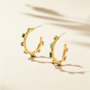 natural raw emerald hoop earrings, gold may birthstone earrings, crystal boho earrings, chunky gold hoops, handmade statement earrings image 1