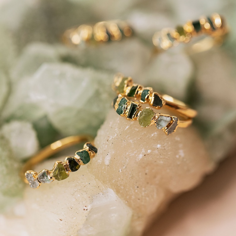 ombre ring, green stacking ring, unique gemstone ring, raw peridot jewelry, multi-stone gold band, raw emerald ring, green tourmaline ring image 6