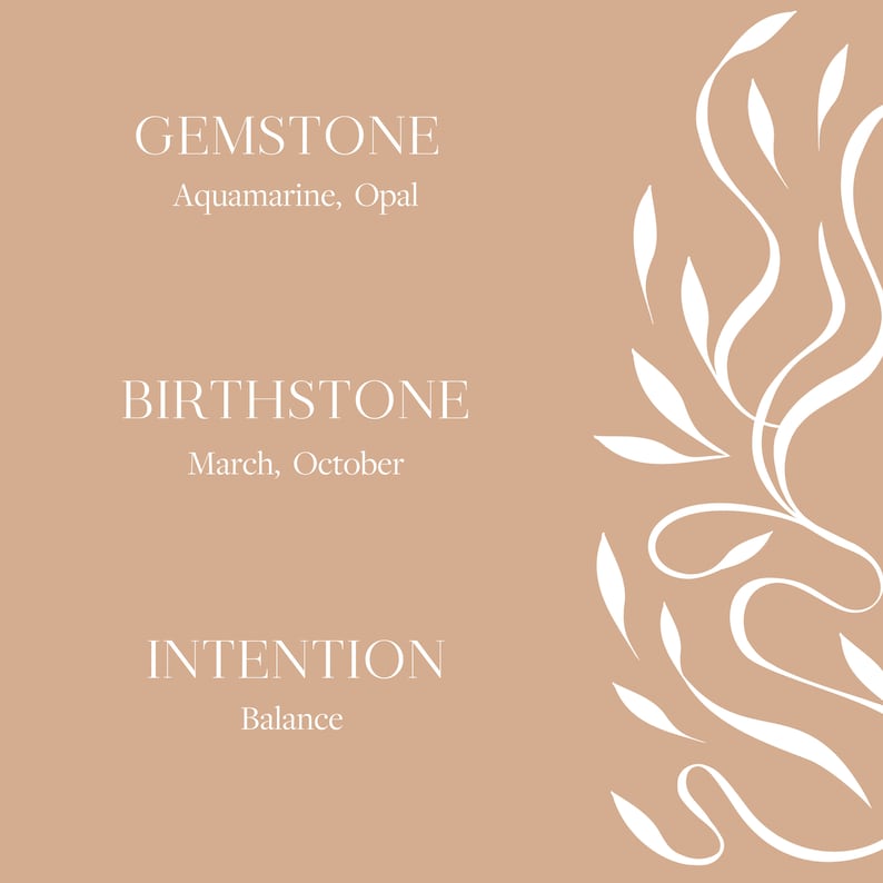 Minimalist gemstone info card showing opal and aquamarine with birthstones for March and October. Includes the word balance for intention.